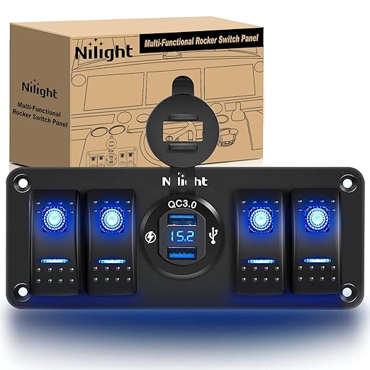 Nilight 4 Gang Rocker Switch Panel with QC3.0 Dual USB Charger Voltmeter Waterproof and Night Glow Stickers 12V-24V DC for Cars Trucks Boats RV