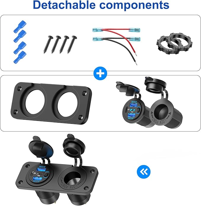 4 Port 12V USB Outlet Marine Switch Panel 12 Volt Plug, Dual PD30W and Dual QC18W USB Ports Car Charger with Switch, Waterproof 150W Cigarette Lighter Socket 2 in 1 DIY Kit for Car Marine Boat RV ATV