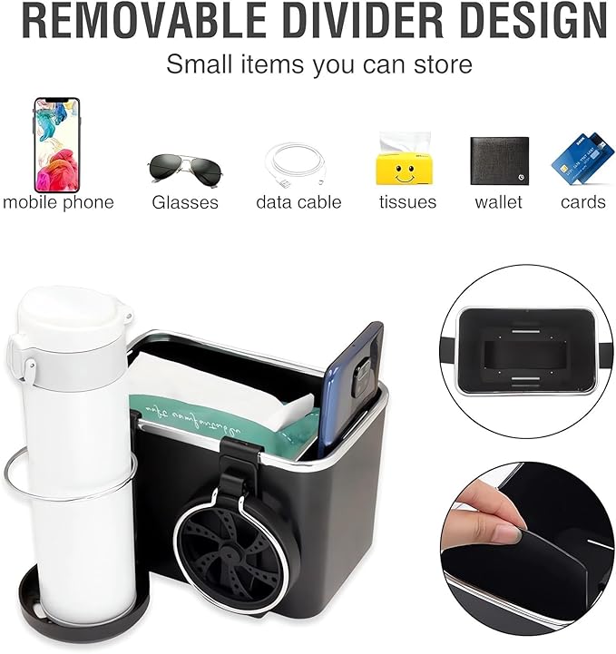 Car Armrest Storage Box with 2 Cup Holders - 2024 New Between Car Seat Organizer with Cup Holder, Universal Car Arm Rest Storage Box Organizer (White)