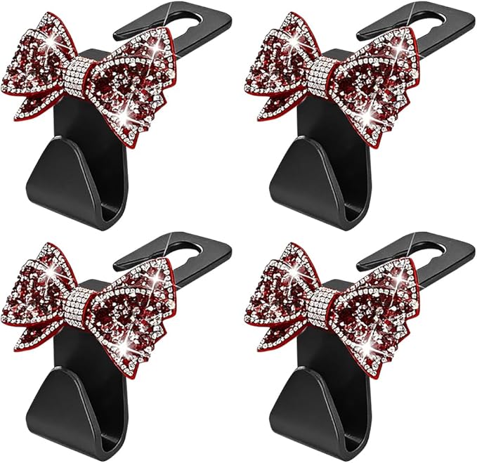 Zpana Bling Car Headreat Hook, 2PCS Crystal Rhinestone Cute Bow Vehicle Seat Back Hanger Storage for Purses Bags Grocery, Diamond Auto Rear Seat Organizer, Universal for SUV Truck Sedan (Red)