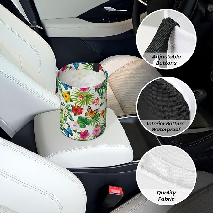 Car Trash Can Leaves Flowers Pattern Multipurpose Collapsible Leakproof Trash Bin Car Accessories for Car Automotive Truck SUV