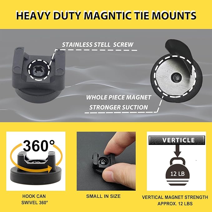 Magnetic Zip Tie Mounts 22mm Compact Cable Holder - Multipurpose Magnetic Wire Management Bases with 30 Reusable Zip Ties, 15 Magnets for Cord Organizer(Damage-Free)