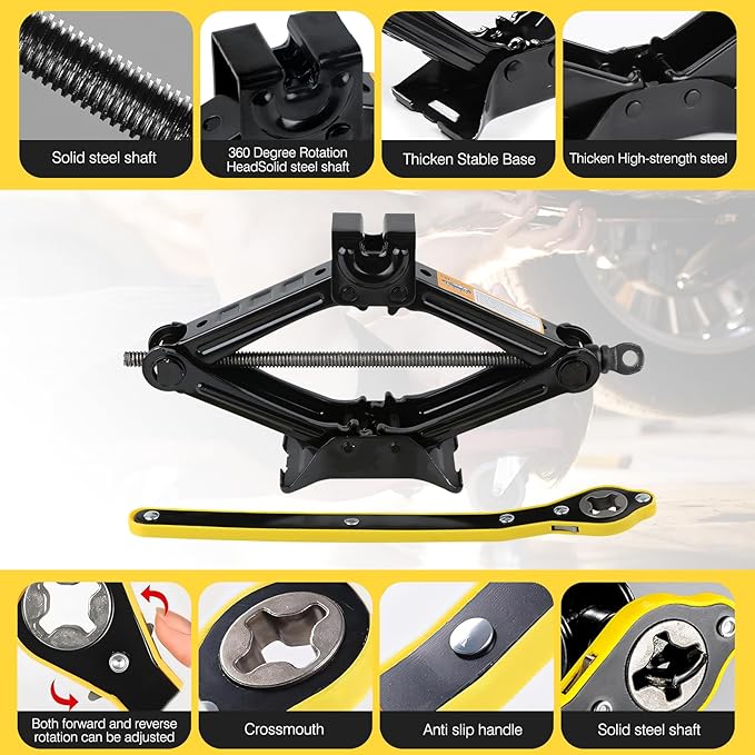 Car Jack Kit, Scissors Jack car, Max 2 ton (4,409 lb) Capacity, tire Jack Tool kit, Power Saving Ratchet Handles, Steel Scissors for tire Wrenches only, for Emergency use only