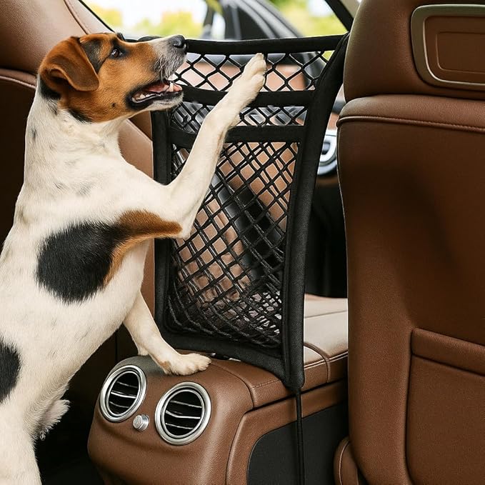 Cutie's PetBox 3-Layer Dog Car Net Barrier – Pet and Child Safety Divider for Cars & SUVs, with Reinforced Mesh Storage Pockets, 12"x12" Size