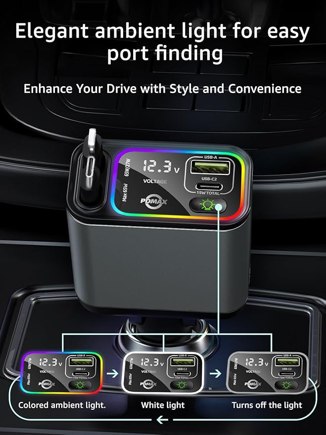 Retractable Car Charger USB C,107W Type C Car Charger Fast Charging with Dual Retractable Cable and USB Ports for iPhone 17/16/15,S25/24/23/22, Pixel 9/8/7(Build-in USB-C & Lightning Cable)