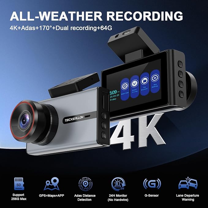TECXERLLON 4K Dash Cam with ADAS Assist, 3.6" IPS Touchscreen, Built-in GPS & 5G WiFi, G-Sensor, Dash Camera with Starlight Night Vision, 170°/150° Wide View, 24H Parking, Free 64GB Card Included