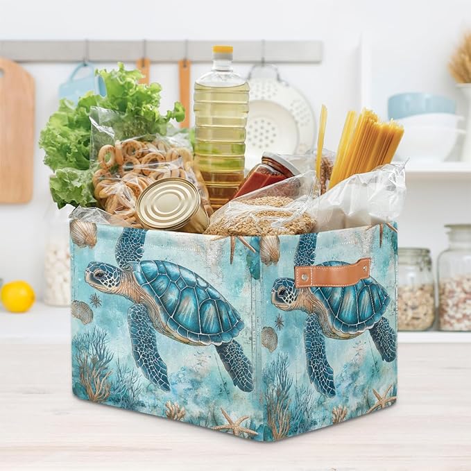 Turquoise Turtle Storage Baskets for Organizing, Fabric Collapsible Storage Bins Box Ocean Seashell Decorative Toy Organizer Baskets for Closet Shelves Gift Basket 2Pcs