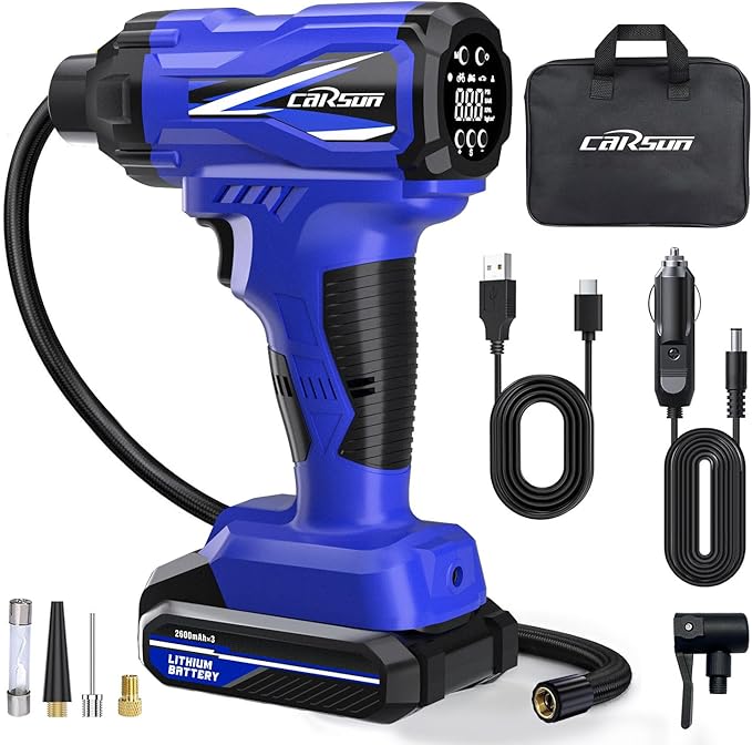 CARSUN Tire Inflator Portable Air Compressor, 150PSI Cordless Tire Pump with DC 12V/Battery Dual Power Supplies, Portable Handheld Air Pump, Digital Pressure Gauge for Car Tires, Bicycles, Balls, Blue
