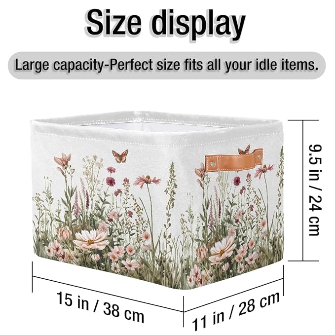Spring Wildflowers Storage Baskets for Organizing, Fabric Collapsible Storage Bins Box Plants Floral Decorative Toy Organizer Baskets for Closet Shelves Gift Basket 2Pcs