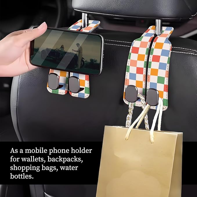 Car Seat Headrest Hook, Universal Leather Cute Hanger Holder Hook, Storage Organizer Interior Accessories for Purse Bags Handbag Colorful Cute Plaid