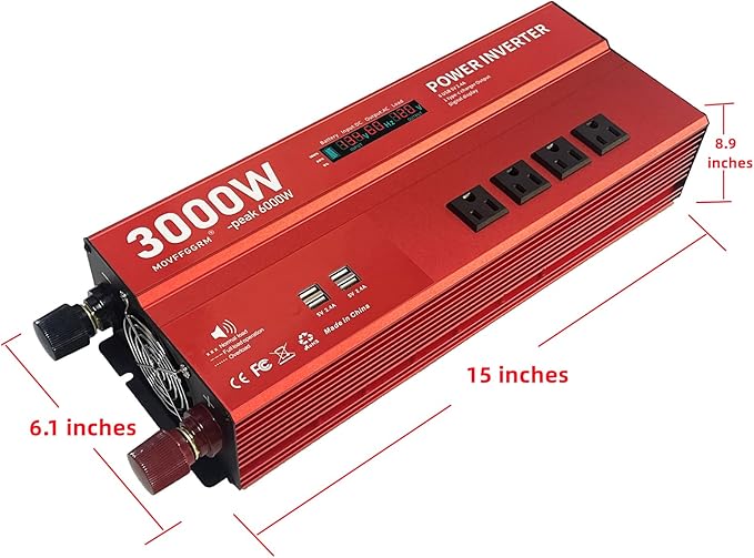 3000W 12V Power Inverter,Peak 6000W, Car/Truck/RV DC 12V to 110V 4AC Converter, 6X 2.4A USB Ports,with 18W Type-C Quick Charge Port,LCD Digital Display