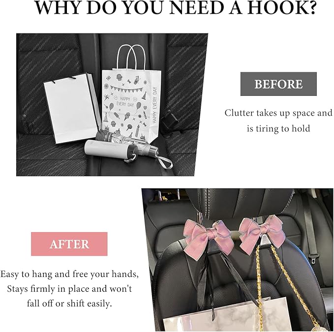 2 PCS Car Seat Headrest Hook, Cute Bowknot Multifunctional Seat Back Hook for Car, Hidden Vehicle Rear Seat Purse Hanger Hook for Women Girls, Car Interior Accessories (Pink)