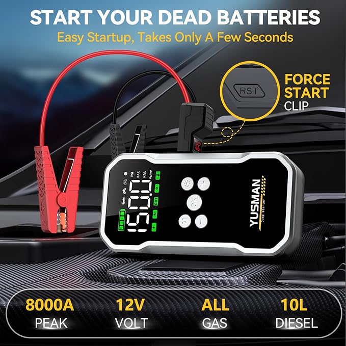 Jump Starter with Air Compressor, 8000A 160PSI Jump Starter Pack (10.0 Gas/7.0L Diesel), 12V Car Jump Starter, Battery Jump Starter with Display, Smart Jumper Cables, 2 LED Light
