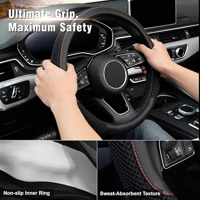 KAFEEK 16 inch Steering Wheel Cover, Black Microfiber Leather Viscose, Breathable, Compatible for F150 F250 F350 Ram 4Runner Tacoma Tundra Range Rover