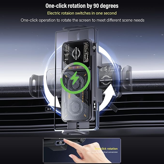 15W Fast Wireless Car Charger Mount, MagSafe Compatible Auto-Clamping & Auto 90° Rotating Phone Holder with Built-in Battery, One-Touch Control, RGB LED Light, Dashboard & Vent Mount
