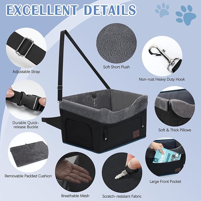 PetsHome Dog Car Seat for Small Dogs, Detachable Washable Pet Booster Seat with Storage Pocket, Breathable Mesh, Safety Leash, Adjustable Straps for Small Pets Up to 25lbs-Black