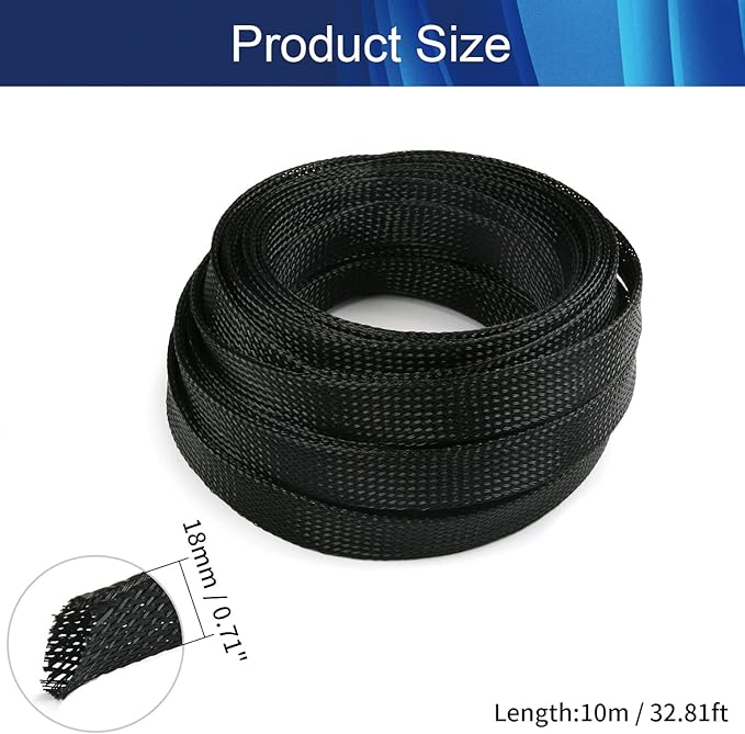 Aicosineg 10m/32.8ft Cable Sleeve PET Braid Cable Sleeving Flexible Wire Mesh Sleeve PET Wire Loom Tubing Cable Wrap Protector for USB Video Power Cord Audio Cable Black