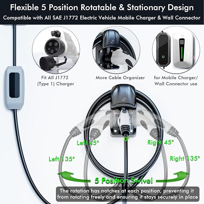 EV Charger Holder, Swivel Electric Car Charger Wall Mount, Garage or Tight Space Use, Not Stick Out, Keep 25ft Cord Off Floor, J1772 Charging Cable Organizer Hanger