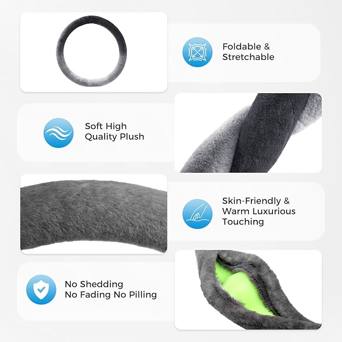 Coverado Steering Wheel Cover, Anti-Slip Fluffy Car Steering Wheel Cover for Winter Warm, Universal 14-15 inch, Soft Plush, No Odor, Luxurious Decoration for Women Men, Gradient Gray