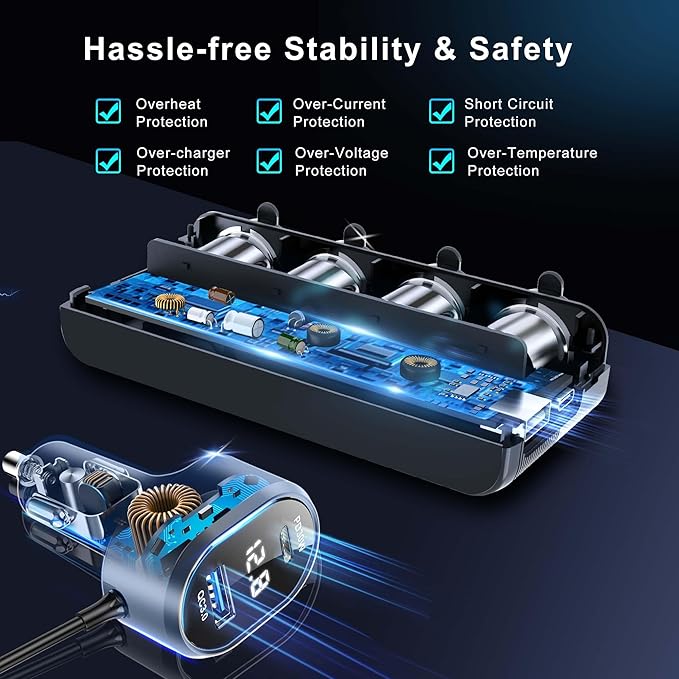 8 in 1 Cigarette Lighter Splitter, 264W 4 Socket Cigarette Lighter Adapter,Type-C QC3.0 PD 30W Charging, Heavy Duty Truck Car USB Chager Multi Plug Outlet 12V/24V Independent Switches, LED Voltmeter