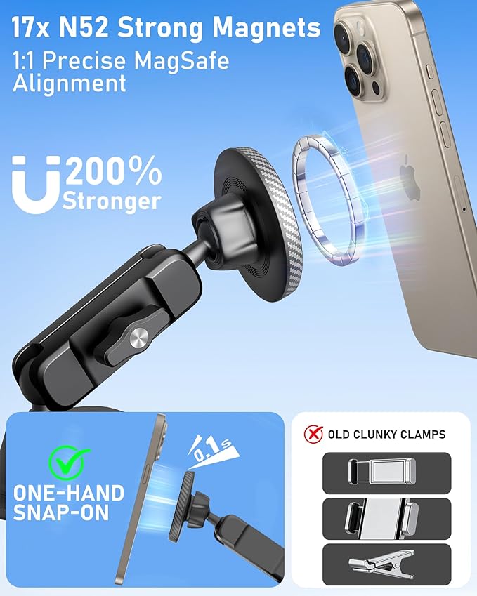 Magnetic Vacuum Suction Cup Phone Mount for Truck & Car, Heavy Duty Semi Truck Holder, 17x Strong Magnets, Adjustable Aluminum Arm Windshield Dashboard Window Mount for MagSafe iPhone 12–17 & Samsung
