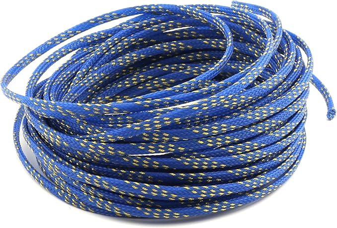 Aicosineg Cable Sleeve Braided Sleeving PET Wire Loom Tubing Cable 32.81ft-1/6inch Wrap Protector for HiFi Audio and Video Headphone Cable Protect Wires from Chewing of Pets Blue and Gold