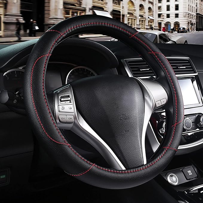 Leather Car Steering Wheel Cover, Non-Slip Car Wheel Cover Protector Breathable Microfiber Leather Universal Fit for Most Cars(Black)