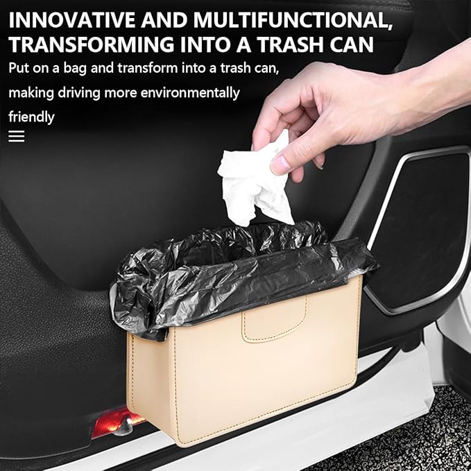 Car Trash Can, Leather Auto Garbage Bin, Magnetic Litter Storage Container, Mini Portable Foldable Vehicle Interior Hanging Dustbin Accessories, Universal for SUV, Truck, RV（Beige）