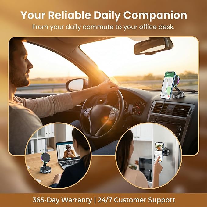 Vacuum Magnetic Phone Charging Holder Mount 15W Fast Wireless Charger for Car Magsafe 360° Adjustable Phone Holder with Nano Gel Suction Cup for iPhone 12-17 Pro Max (K3)
