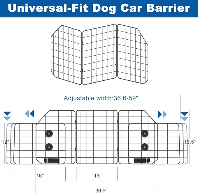 OUSHENG Car Dog Barrier for SUV, Adjustable Pet Divider Gate for Trunk Cargo Area, Universal-Fit Back Seat Heavy-Duty Wire Mesh Dogs Separator Guard Net, Vehicles Safety Travel Accessories