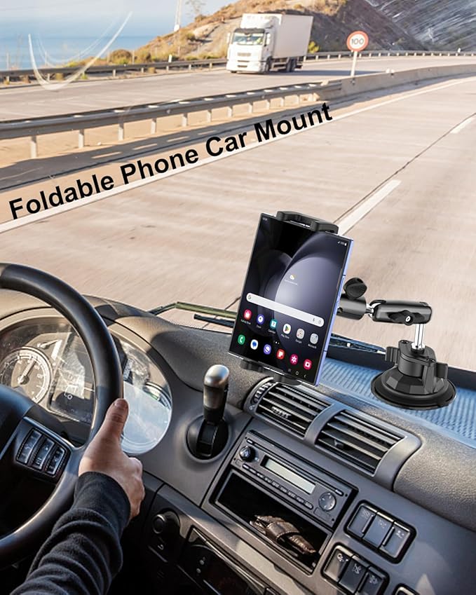 Z Fold Car Holder, [Super Suction Cup] Dashboard Windshield Mount for Foldable Phone, 360° Metal Arm Truck Tablet Phone Stand for Galaxy Z Fold 7 6 5 4 3 2, Pixel Fold, Galaxy Tab, 4-13" Device