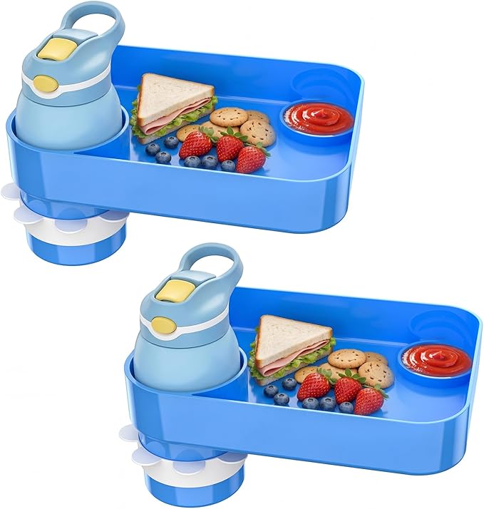 Kids Car Seat Tray, Travel Tray with Cup Holder for Toddler Baby, Kids Car Seat Food Snack Organizer for Road Trip, Stroller Snack Organizer Travel Must Haves Toddler Must Haves (Blue, 2 Packs)