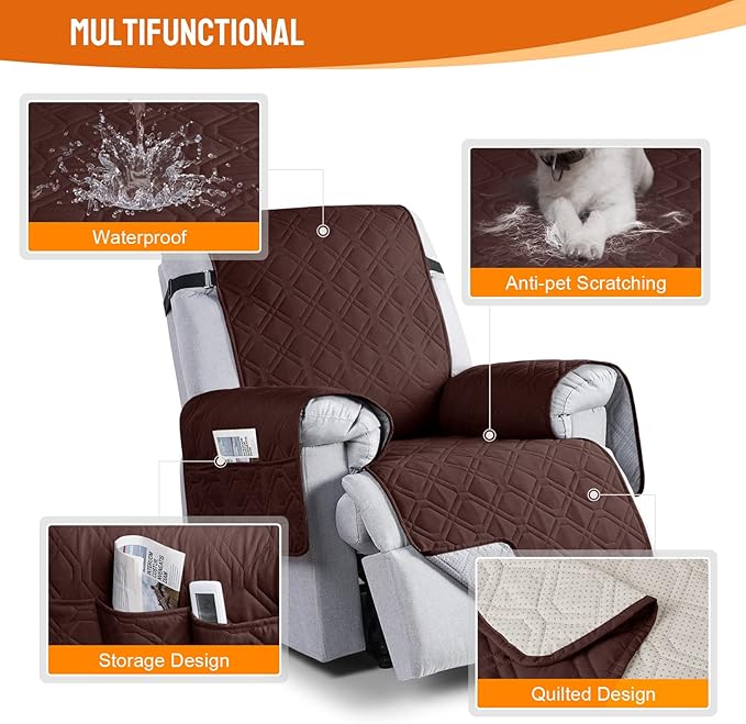 VANSOFY 100% Waterproof Recliner Chair Covers, Recliner Cover Non-Slip Dog Chair Cover Furniture Protector Washable Slipcover with Pocket, Elastic Straps for Pets, Dogs(Coffee, 25")