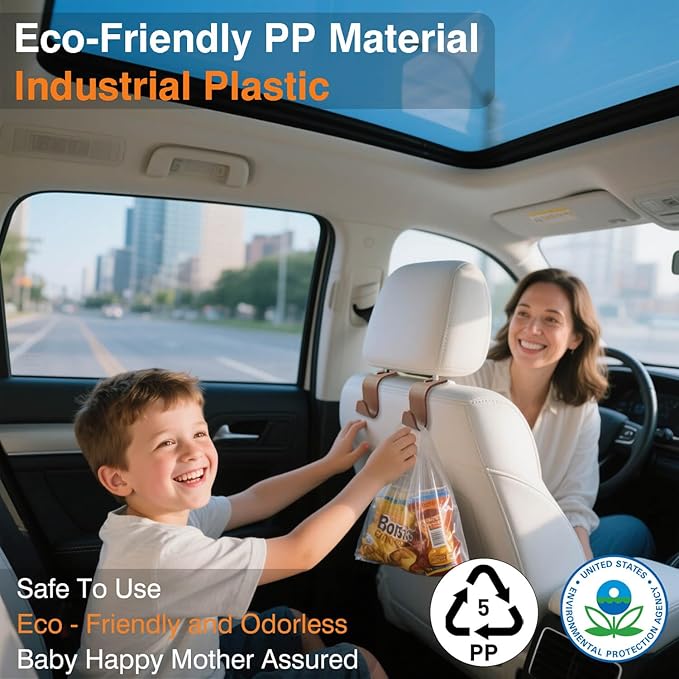 Car Seat Hooks & Purse Holder - 4 Pack Boxed,55 lb Heavy Duty,Eco PP Car Hooks for Purse/Bag/Baby Gear/Gym Bag/Groceries/Cup/,Fits 0.32-0.55”Car Headrest Rods (Brown)