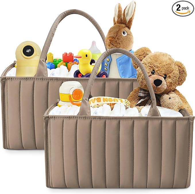 SWEET DOLPHIN 2-Pack Quilted Diaper Caddy Organizer – Premium Puffer Style Nursery Storage Bins – Water-Resistant & Wipeable Changing Table Organizer – Trendy Tote for Home & Car Travel - Mocha Brown