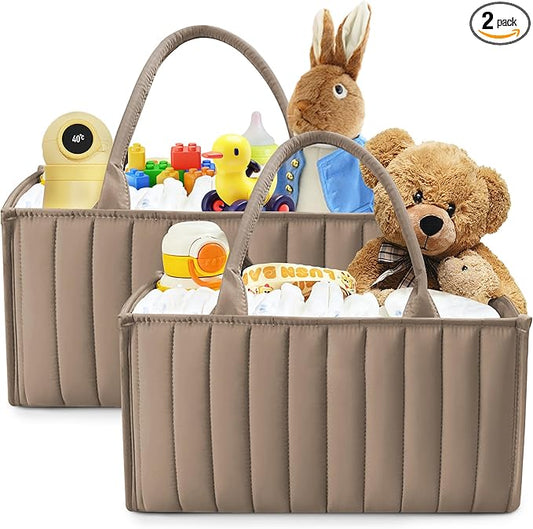 SWEET DOLPHIN 2-Pack Quilted Diaper Caddy Organizer – Premium Puffer Style Nursery Storage Bins – Water-Resistant & Wipeable Changing Table Organizer – Trendy Tote for Home & Car Travel - Mocha Brown