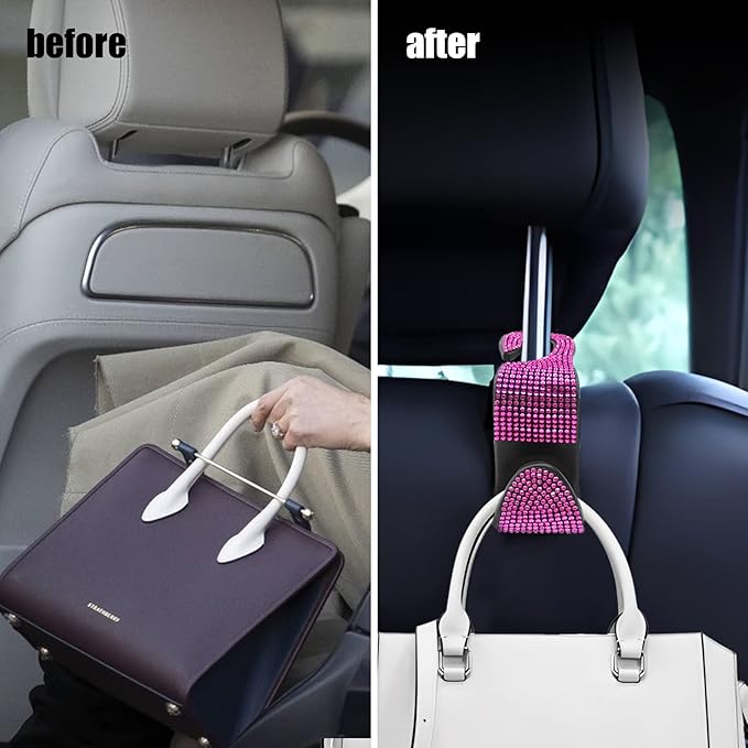 OSIFIT 2PCS Car Seat Hooks, Bling Car Rhinestone Headrest Hooks, Universal Bling Car Interior Accessories, for Handbag, Clothes, Purse, Water Bottle (Pink)