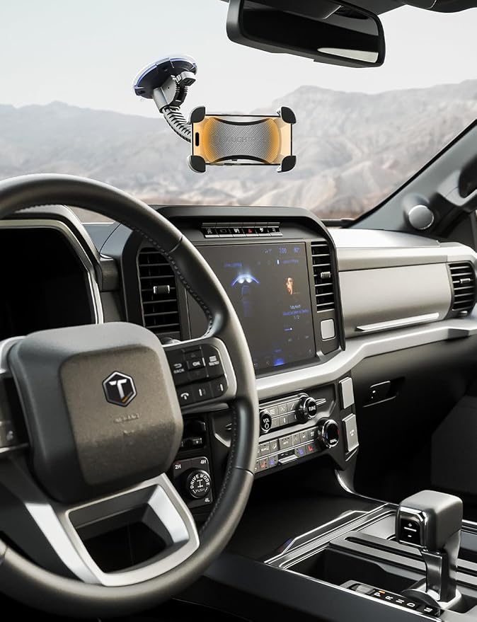 ToughTested Mammoth Truck Windshield Phone Mount, Vibration Absorbing Car Phone holder with One-hand Quick Release, Double-ribbed Gooseneck, Expandable Claw Grip, 360 rotation, Extra Large Suction Cup