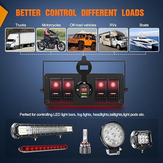 Nilight 4 Gang Rocker Switch Box 12V SPST ON Off Toggle Switches PD Type C and QC 3.0 USB Charger Voltmeter LED Light Waterproof Aluminum Mount Bracket Panel DIY Stickers for Boat Car RV Truck