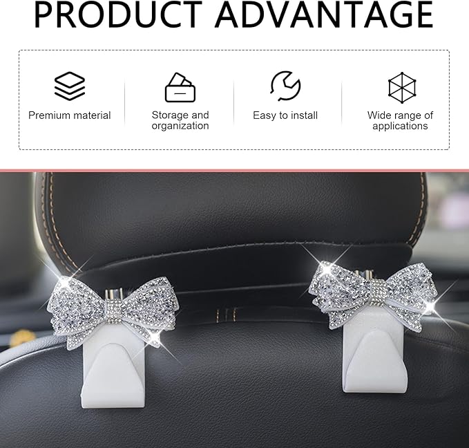2 PCS Bling Bow Car Seat Headrest Hooks, S Type Crystal Seat Back Hangers, Universal Vehicle Storage Organizer for Handbag, Purse, Coat, Grocery Bags (White)