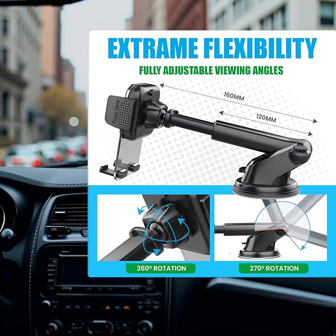 [2026 Upgraded Military-Grade Car Phone Holder Mount — Ultra-Stable Clamp Grip, 3-in-1 Dashboard/Windshield/Air Vent, One-Button Release — Heavy Duty Universal for iPhone & All Smartphones