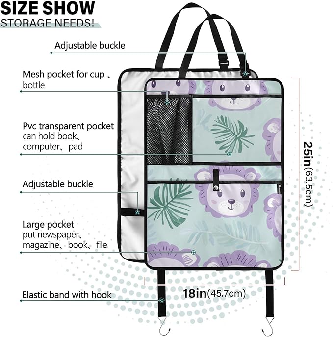 Cute Green Lion and Palm Leaves 2 Pack Backseat Car Organizer with Storage Pockets Seat Back Organizers for Kids Kick Mats Backseat Protector Automotive