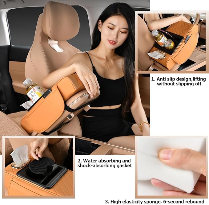 Car Armrest Cushion,5-in-1 Center Console Cover with 2 Storage Bags Cup Holder, Tissue Box Slot, Phone Slot for Sedans, Car Accessories Interior Organizers (Black)