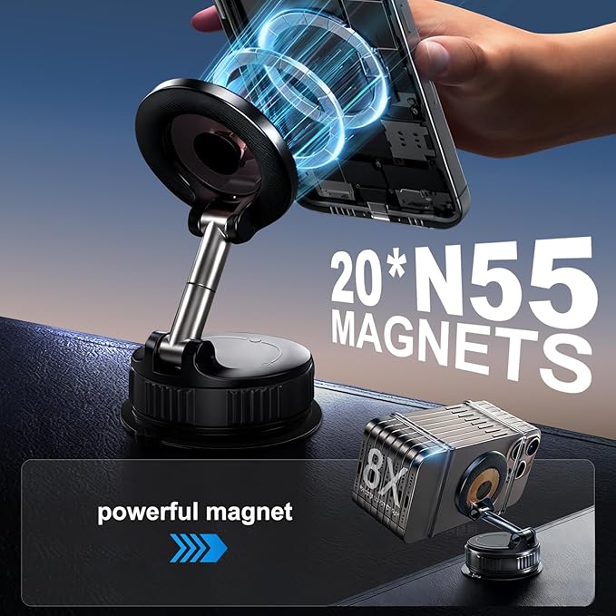 2026 Upgraded Vacuum Magnetic & Suction Phone Mount - Magsafe Car Mount, 20 Super Magnets, 360° Rotation - Foldable & Adjustable for Car/Gym/Mirror, Compatible with iPhone 17 & Android
