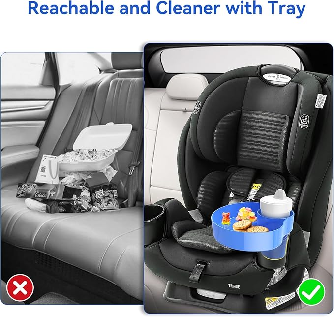 Kids Car Seat Cup Holder Snack Tray - Toddler Travel Essentials for Mess-Free Snacking on Road Trips, Travel Accessory Compatible with Safety Seats & Strollers Console, (Blue, 1 PACK)