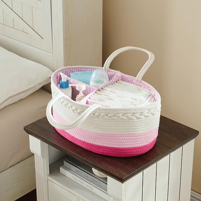 luxury little Diaper Caddy Organizer, Large Cotton Rope Nursery Baby Basket, Changing Table Organizer for Baby Diaper Storage, Portable Car Organizer Removable Divider (Pink, Large)