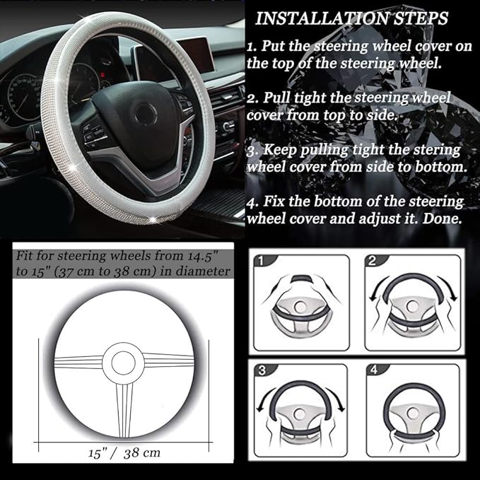New Diamond Leather Steering Wheel Cover with Bling Bling Crystal Rhinestones, Universal Fit 15 Inch Car Wheel Protector for Women Girls Silver