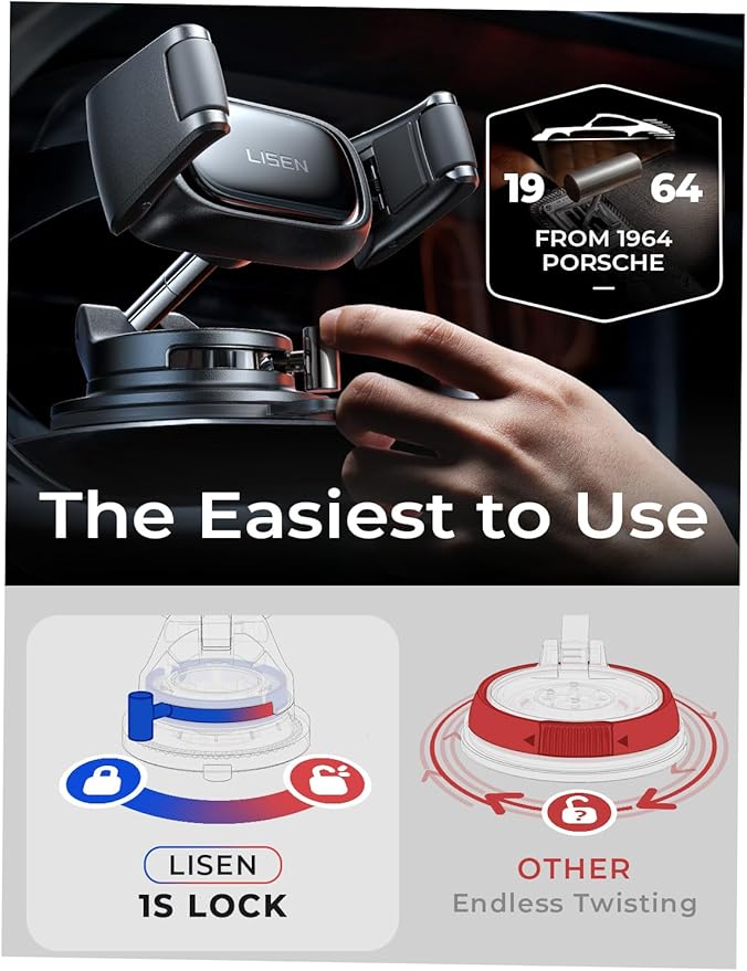 LISEN Suction Phone Mount for Car, [Cases Friendly ] Auto-Adjusting Phone Holder, Easy One Touch Car Cell Phone Holder Car Phone Mount for iPhone 17 Pro Max 16 15 14 Galaxy S25 Ultra All Cases, White