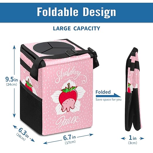 Milk Strawberry Collapsible Reusable Waterproof Trash Can with Lid - Automotive Garbage Can, Interior Car Organizer