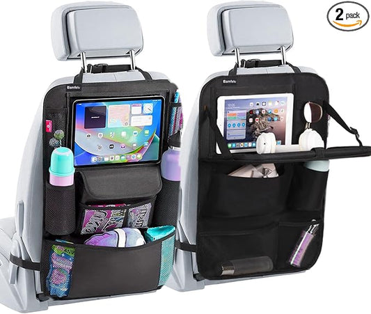 2 Pack Car Backseat Organizer with Foldable Table Tray, 12 Storage Pockets Kick Mats Protector Tablet Holder for Family Travel (Black)